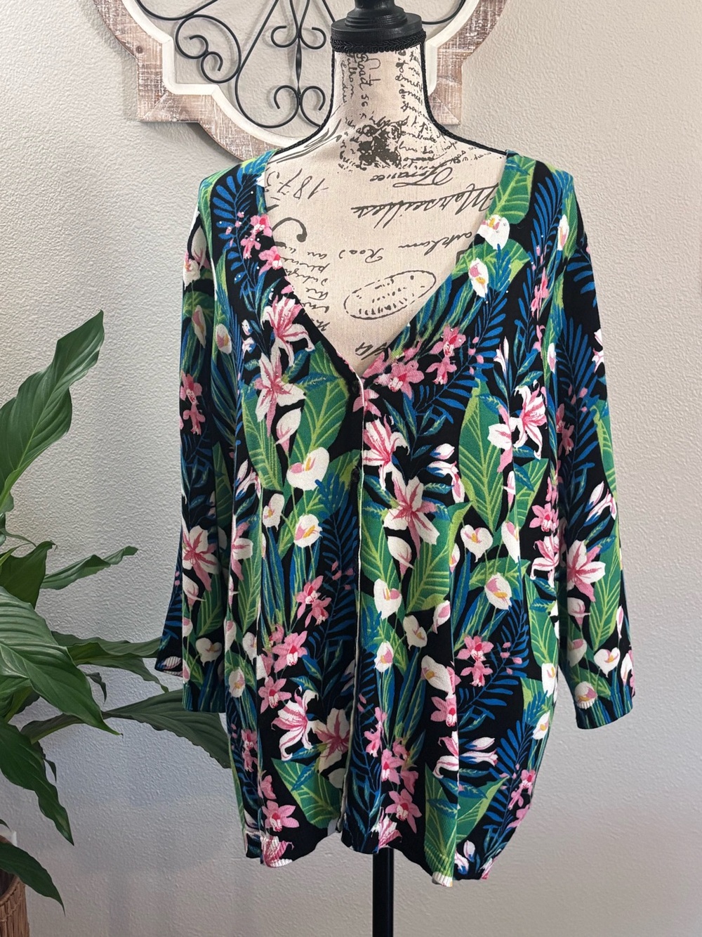 Quacker Factory Tropical Floral V-Neck Cardigan - Navy, Green, Pink
